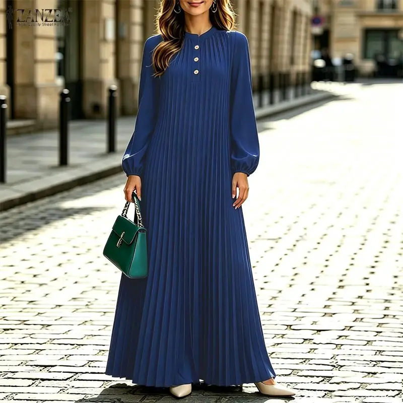 ZANZEA Plus Size Women Dresses Elegant Stylish Stand Neck Long Sleeve Pleated Sundress Robe Femme Casual Work Maxi Long Dress