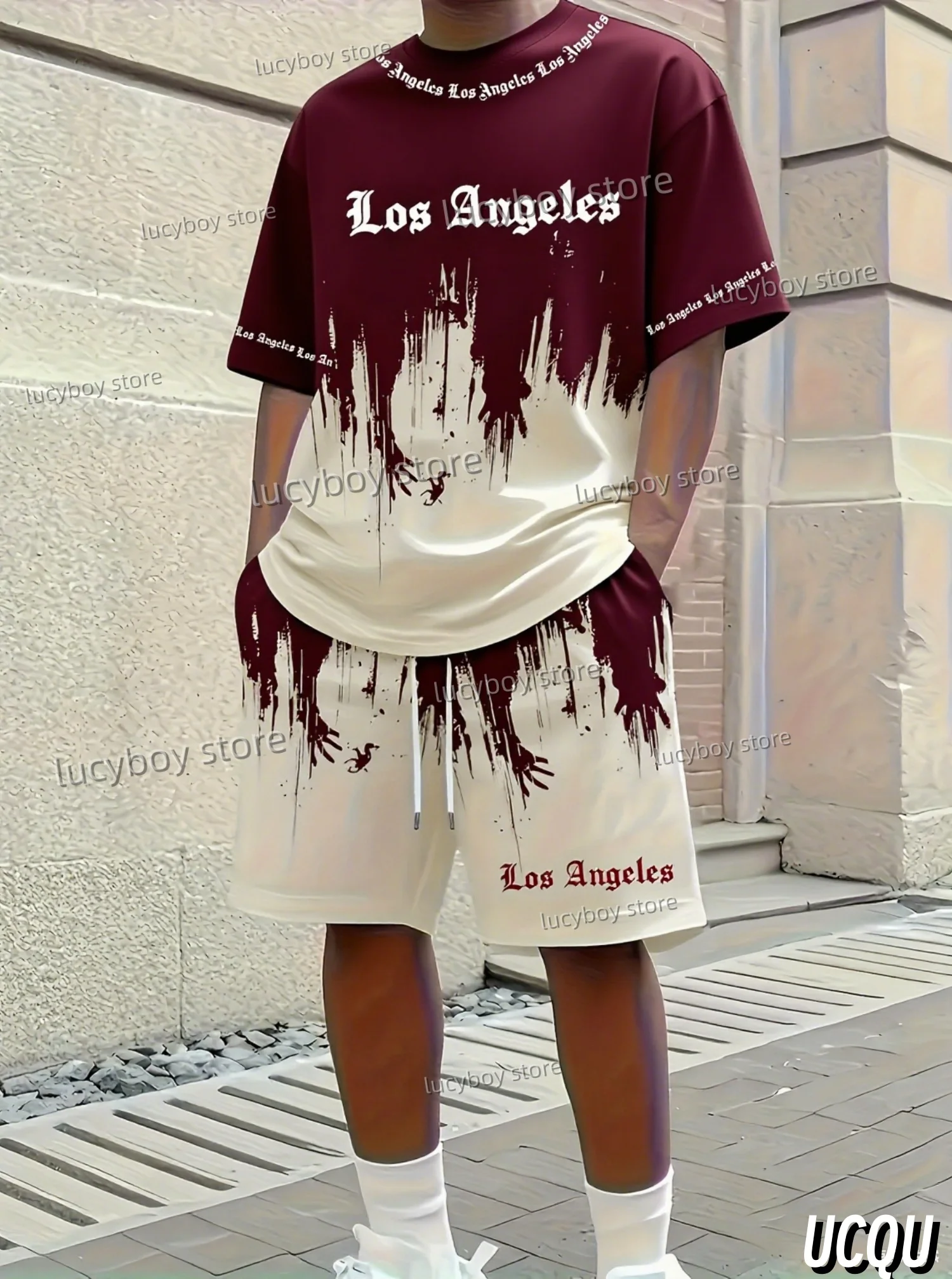 Summer Los Angeles Letter 3D Graffiti Pattern Men's Suit 2 Pieces Set Casual Suit Sports Set Men's Tracksuit Oversized Clothes