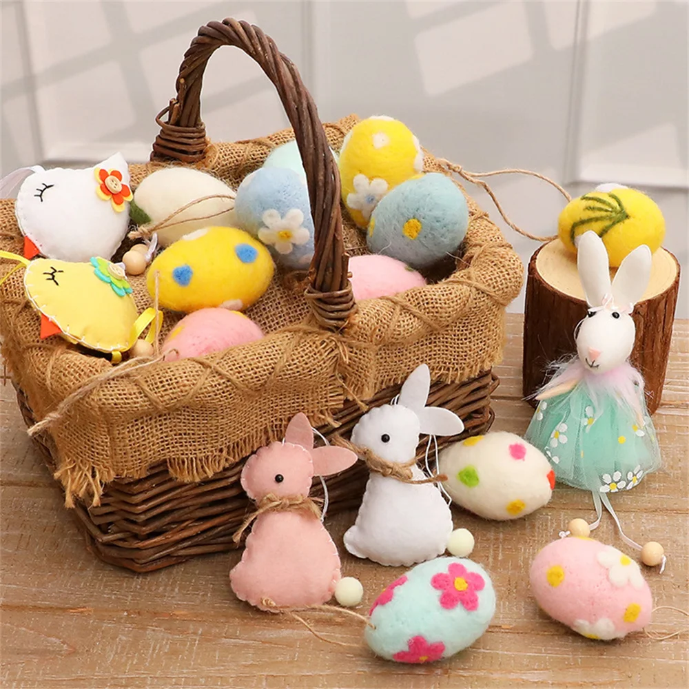 Easter Eggs Pendant With Rope Wool Felt Foam Simulated Egg Hanging Ornaments Easter Home Party Decoration Kids Gift DIY Crafts