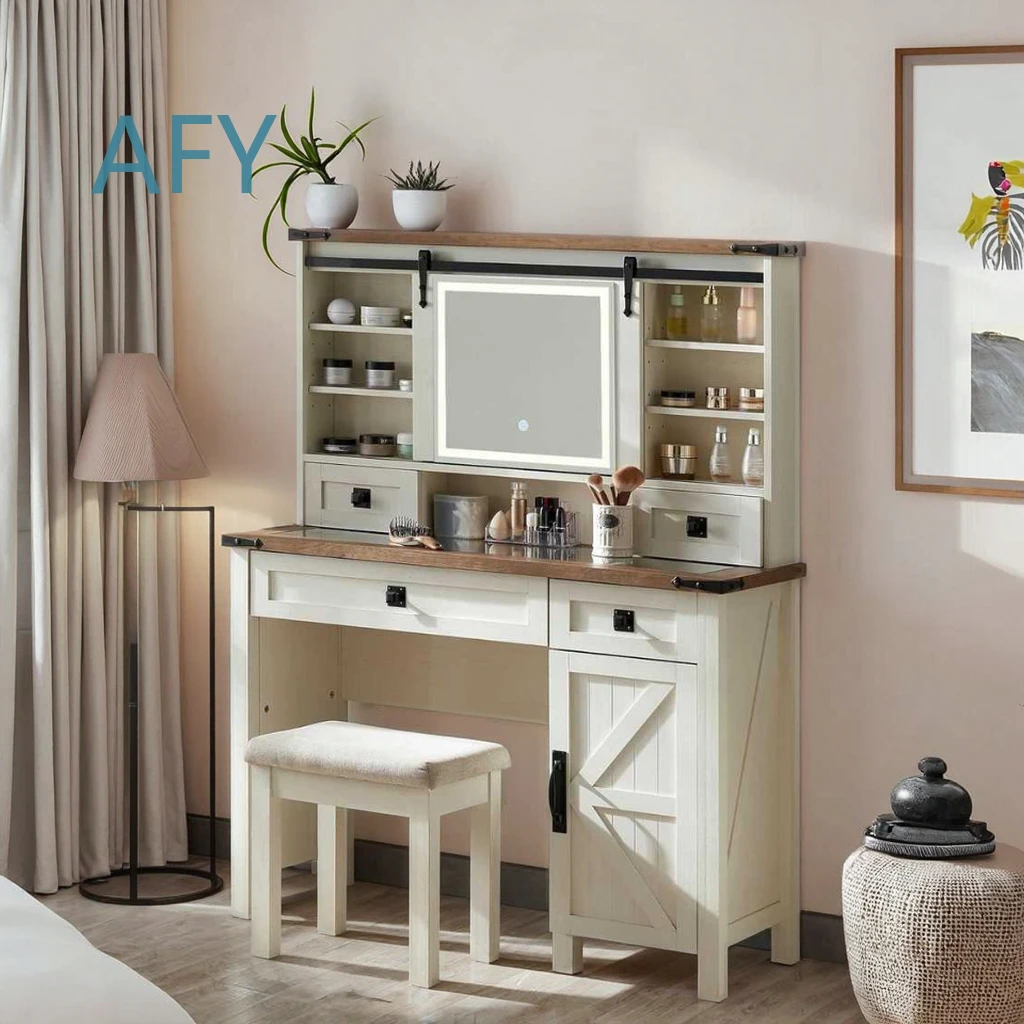 OEM Dressing Table with Stool Set for Makeup Vanity Desk Three Color Options Movable LED Light Mirror MDF Drawer Storage for