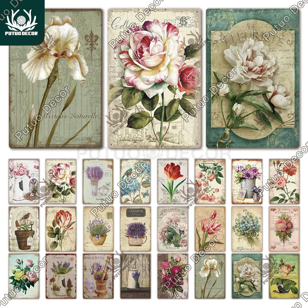 

Putuo Decor Flower Plaque Metal Vintage Tin Sign Wall Decoration Posters for Home Garden Kitchen Living Room Iron Painting