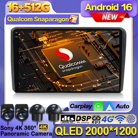 Android 16 Car Radio For Audi A3 8P 2003 - 2013 Wireless CarPlay Auto 4G WIFI Multimedia Video Player GPS 2DIN 360 Camera QLED