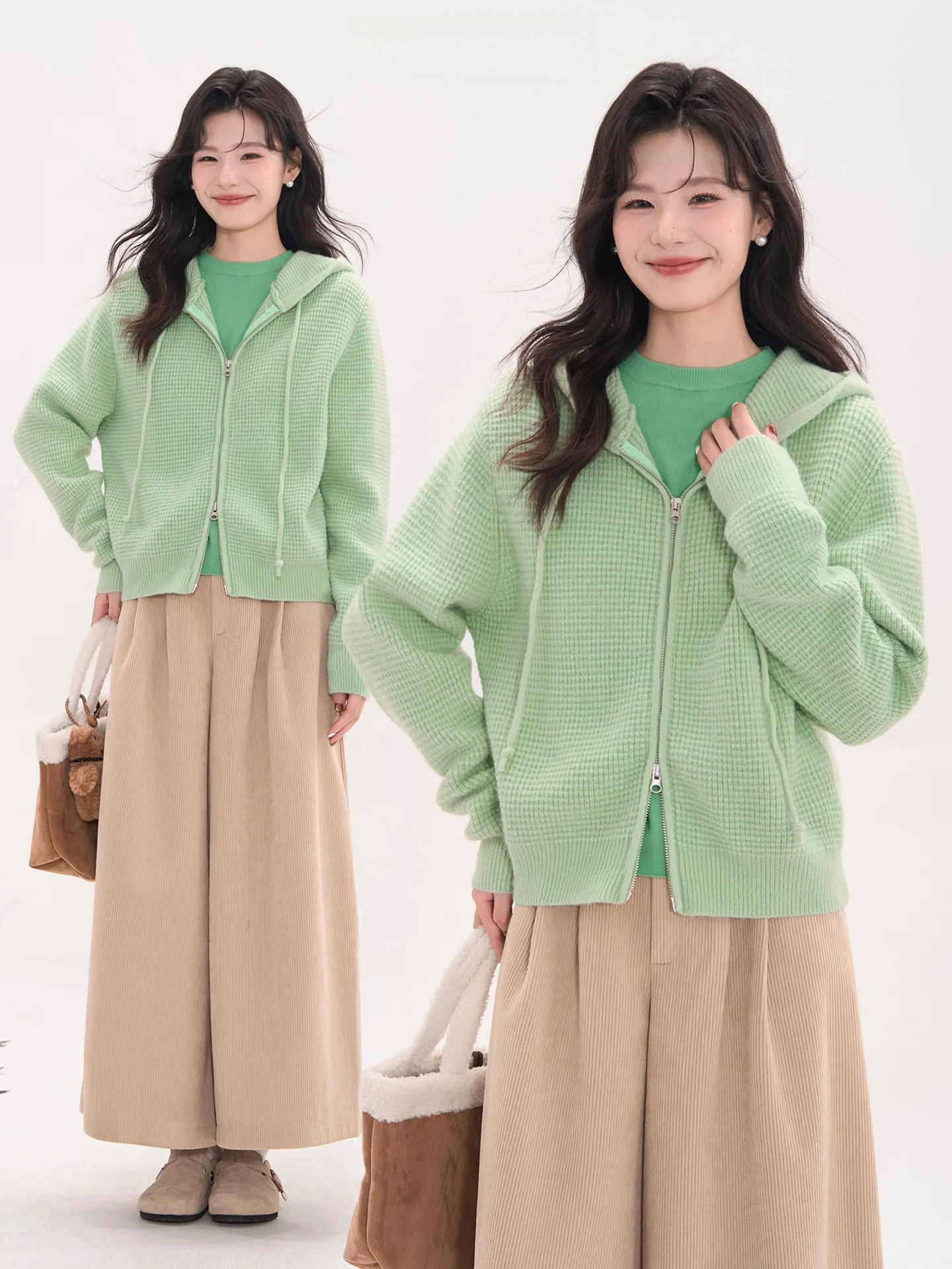 

Корейский вязаный свитер-пальто с двойной молнией и мелким квадратным узором в виде сердечек, повседневный свободный крой, весна-осень