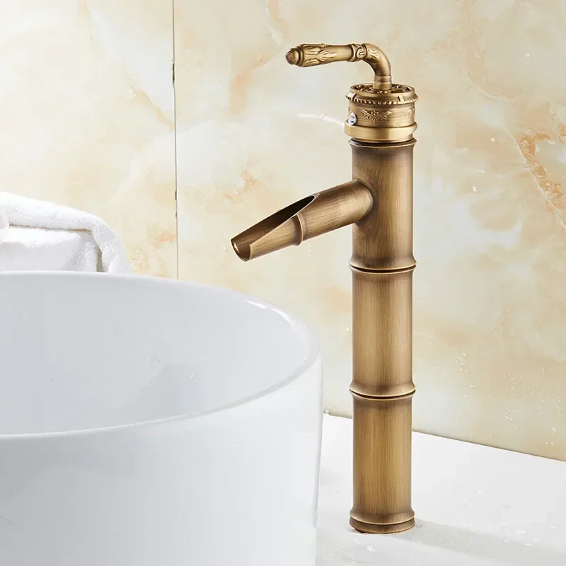 

Brass Faucet Bathroom Bamboo Waterfall Faucet Hot and Cold Mixer Taps Retro Single Handle Antique Deck Mounted Sink Taps