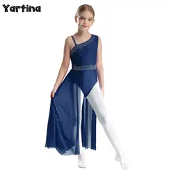 Costume da danza moderna lirica per balletto per bambina, strass scintillanti, gonna in rete trasparente, body da ginnastica, pattinaggio, costume da ballo