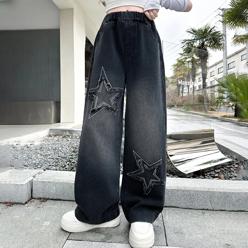 

New 2025 Autumn Teenager Girls Jeans Five-Pointed Star Wide Leg Long Pants Baggy Denim Trousers for Kids 4 5 6 7 8 9 10 11 12 14