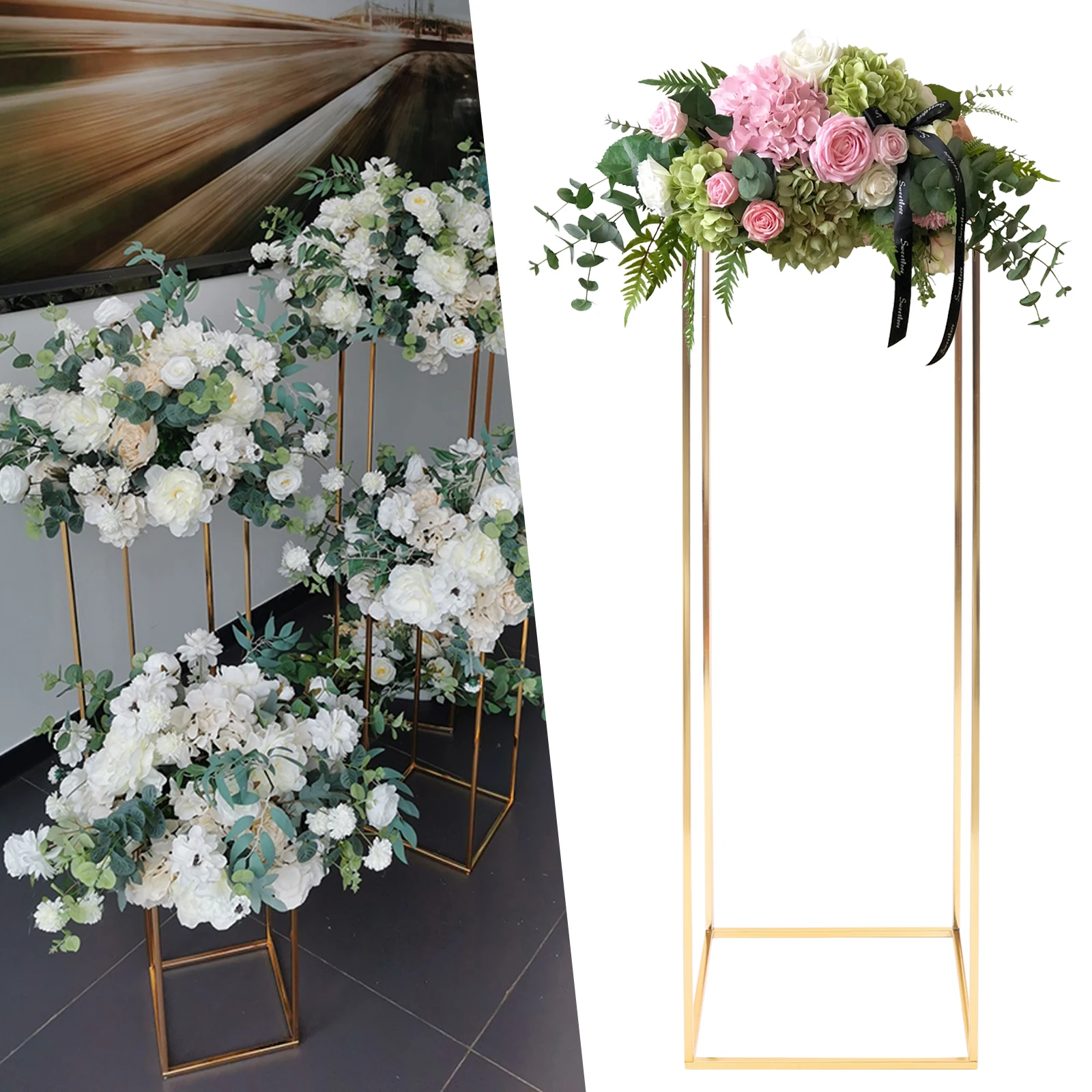 Gold Flower Floor Stand Metal Column Flower Stand with Transparent Top  For Wedding Party Dinner Centerpiece  Decoration