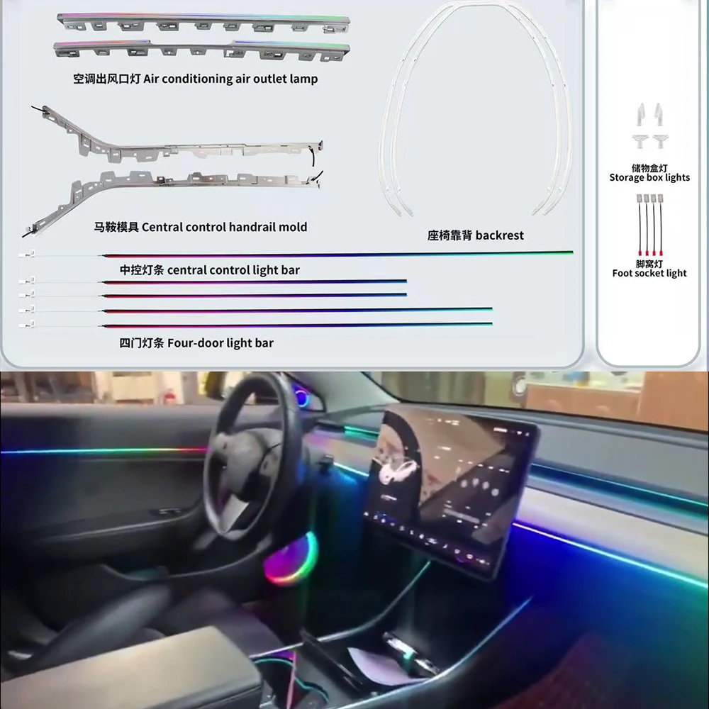 Dynamic 64 Colors Ambient light for Tesla Model 3 2019 2020 Interior Ambient Illumination Lighting Upgrade Kit