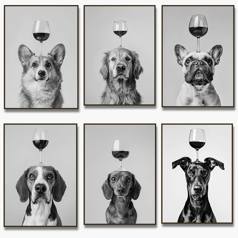 Corgi French Bulldog Golden Retriever Balancing Wine on Head Poster Funny Dog Canvas Painting Print Kitchen Wall Decor