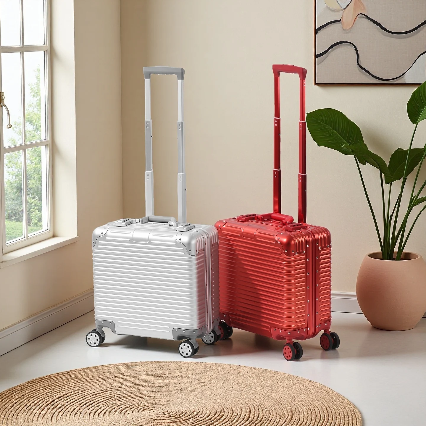 

Aluminum-magnesium alloy suitcase business computer boarding case TSA customs password lock universal wheel short travel case18"