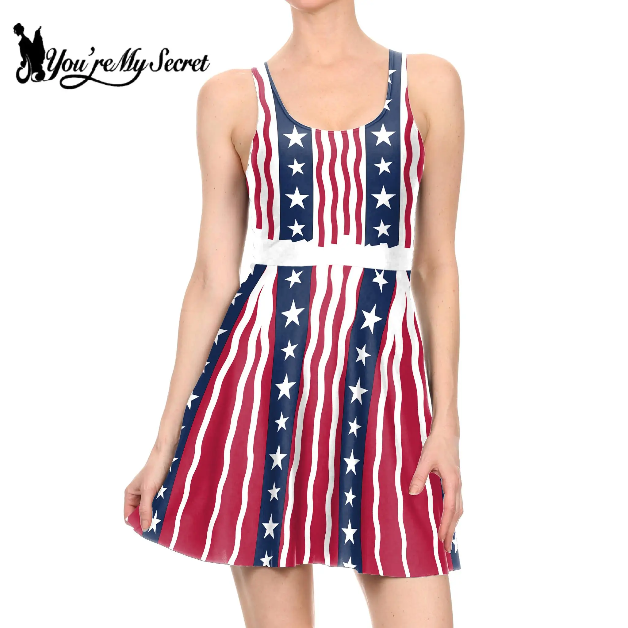 

[You're My Secret] New Women Sexy Mini Dress Tops Tank Dress Stripe Star Usa Flag 3D Print Streetwear Sleeveless Dress Summer