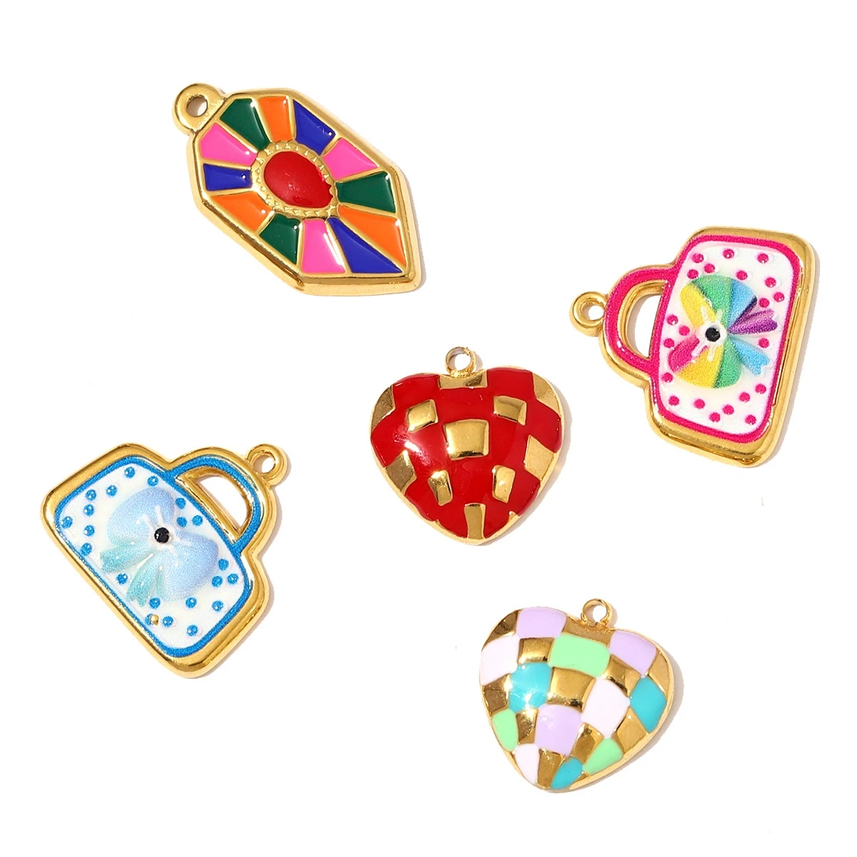 

3Pcs/Lot Stainless Steel Colorful Heart Charms Enamel Cute HandBag Pendant For DIY Making Necklace Accessories Wholesale