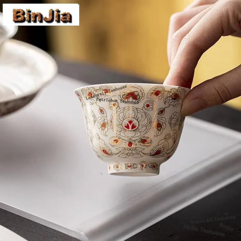 

80ml Tang Dynasty Banquet White Porcelain Teacup Full Flower Host Cup Large Gold Silver Tea Bowl Meditation Cup Kung Fu Tea Set