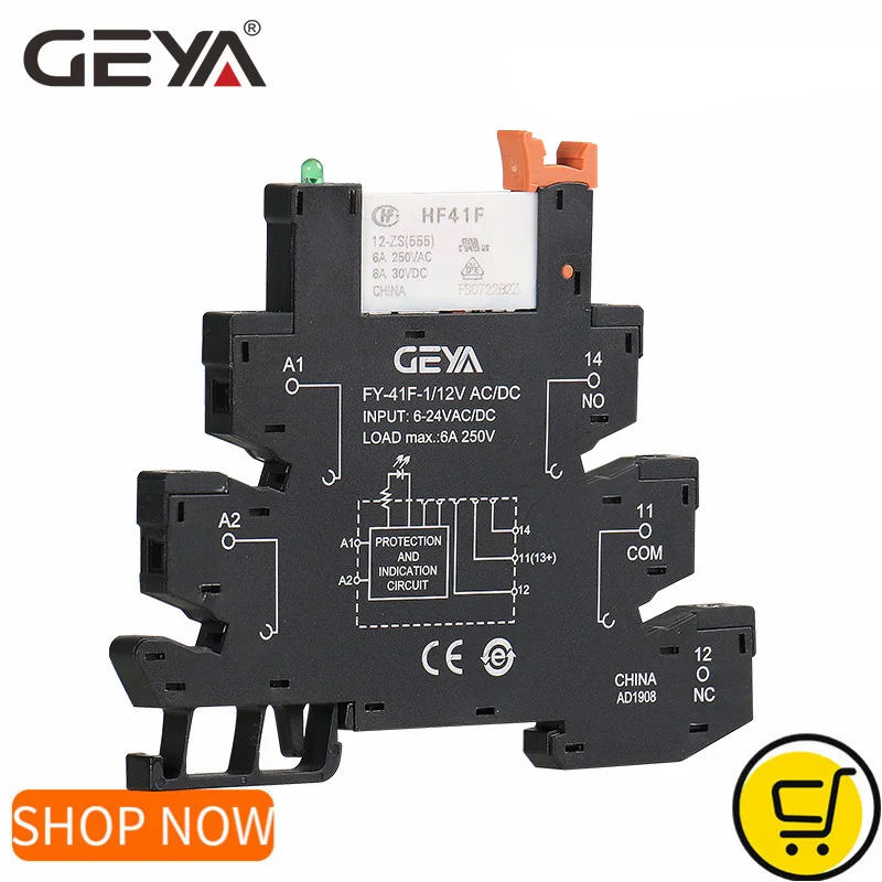 Moduł przekaźnikowy GEYA Slim z obwodem zabezpieczającym, przekaźnik 6A, 12VDC/AC lub 24VDC/AC, 48VDC/AC lub 110VAC 230VAC, gniazdo przekaźnika, grubość 6,2 mm