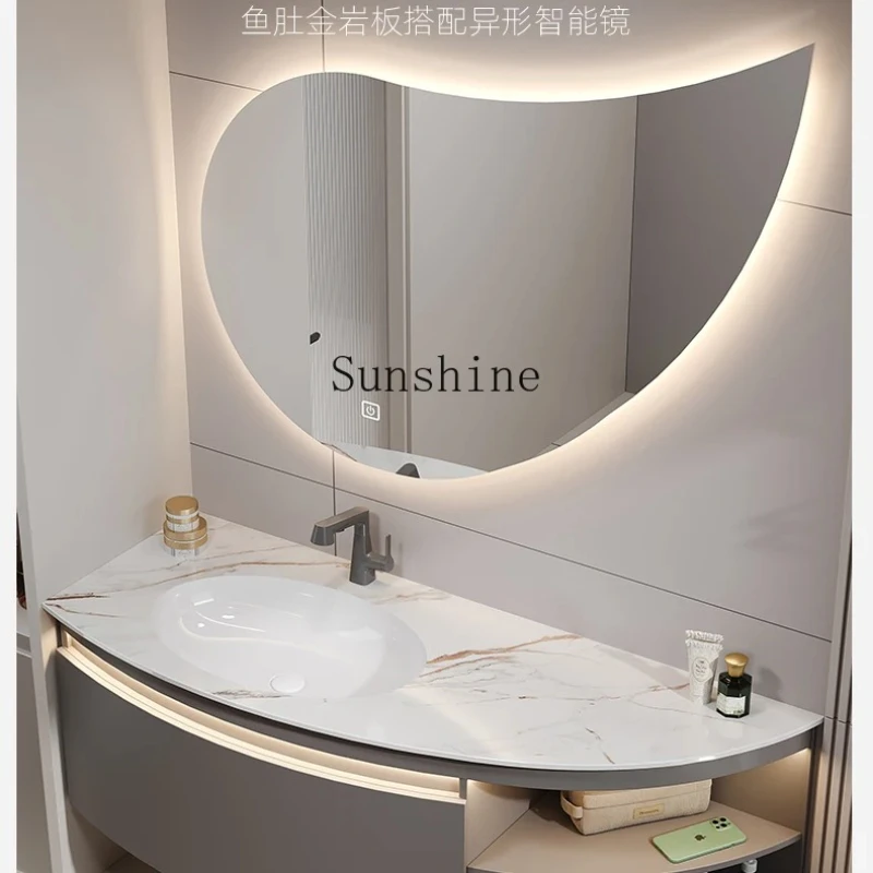 Light luxury rock slab hot bending integrated basin, bathroom cabinet combination, side, oak