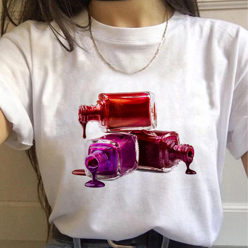 2025 Summer Women T-Shirt Nail Polish Printed Tshirts Femme Casual Tops Tee Harajuku 90s Vintage White Tshirt Female Clothing