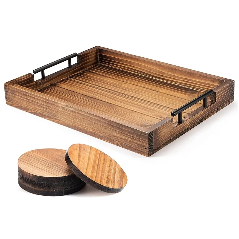 Ottoman Tray With Handle For Living Room, Set Of 4 Natural Wooden Coasters, Rustic Serving Tray For Coffee Table Kitchen