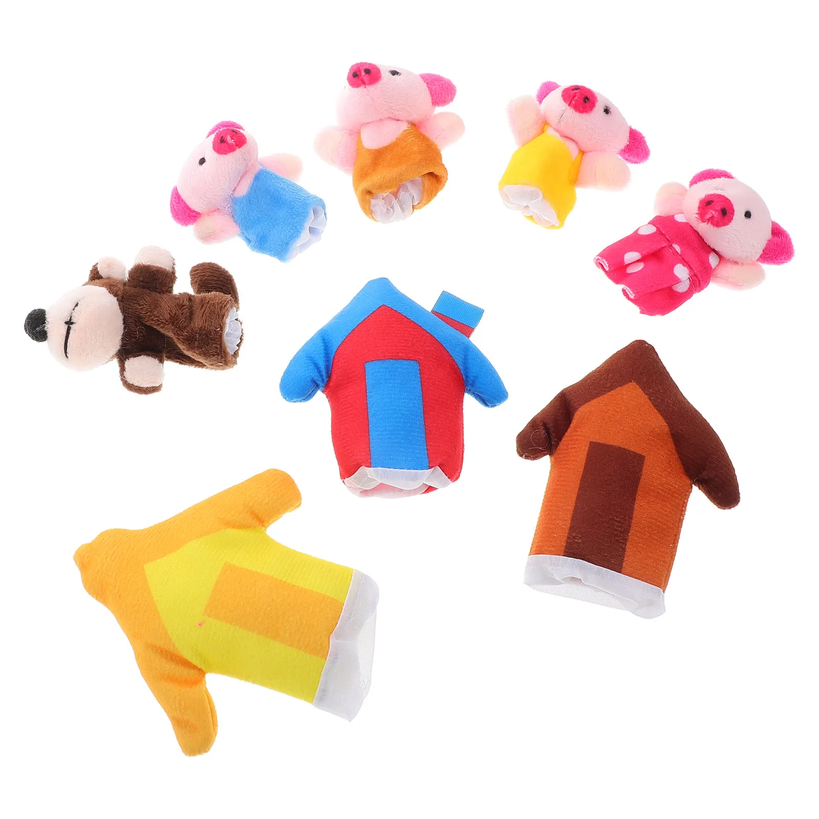 

8Pcs Finger Puppets 3 Story Set Mummy Pig Wolf Straw Wood Houses Interactive Play for Preschool Children