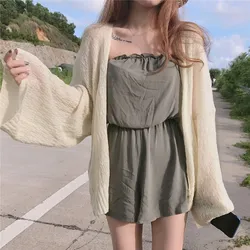 Women's Loose Fit Sunscreen Cardigan Korean Version Preppy Style Casual Summer Sexy Knitted Thin Mesh Solid Color Long Sleeve