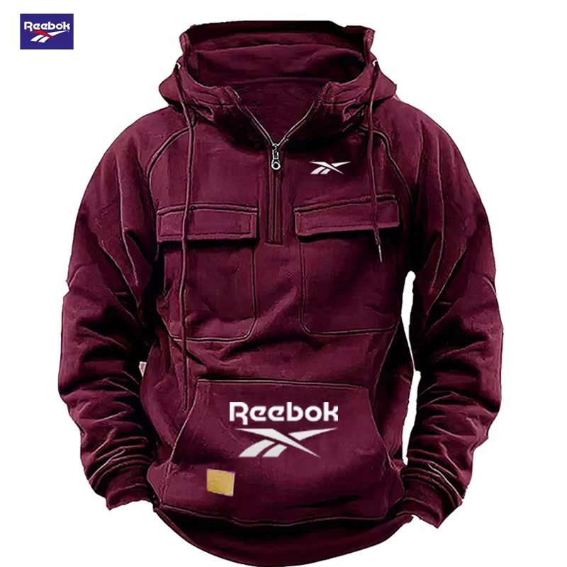 2026 Reebok Logo Multi-Pocket Design Hoodie - The Top Choice for Fashionable Autumn and Winter, a Semi-Zippered Hooded Comforta