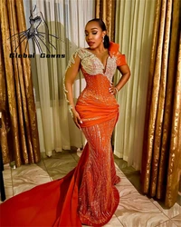 New Arrival Orange Sheer O Neck Evening Dresses For Black Girls Crystal Beading African Wedding PromDress Party Robes De Soiree