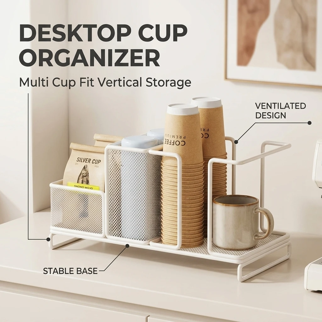 Kitchen Countertop Cup Dispenser Holder Hollow Grid Coffee Mug Organizer Rack Anti Slip Base for Office Breakroom Storage view 4