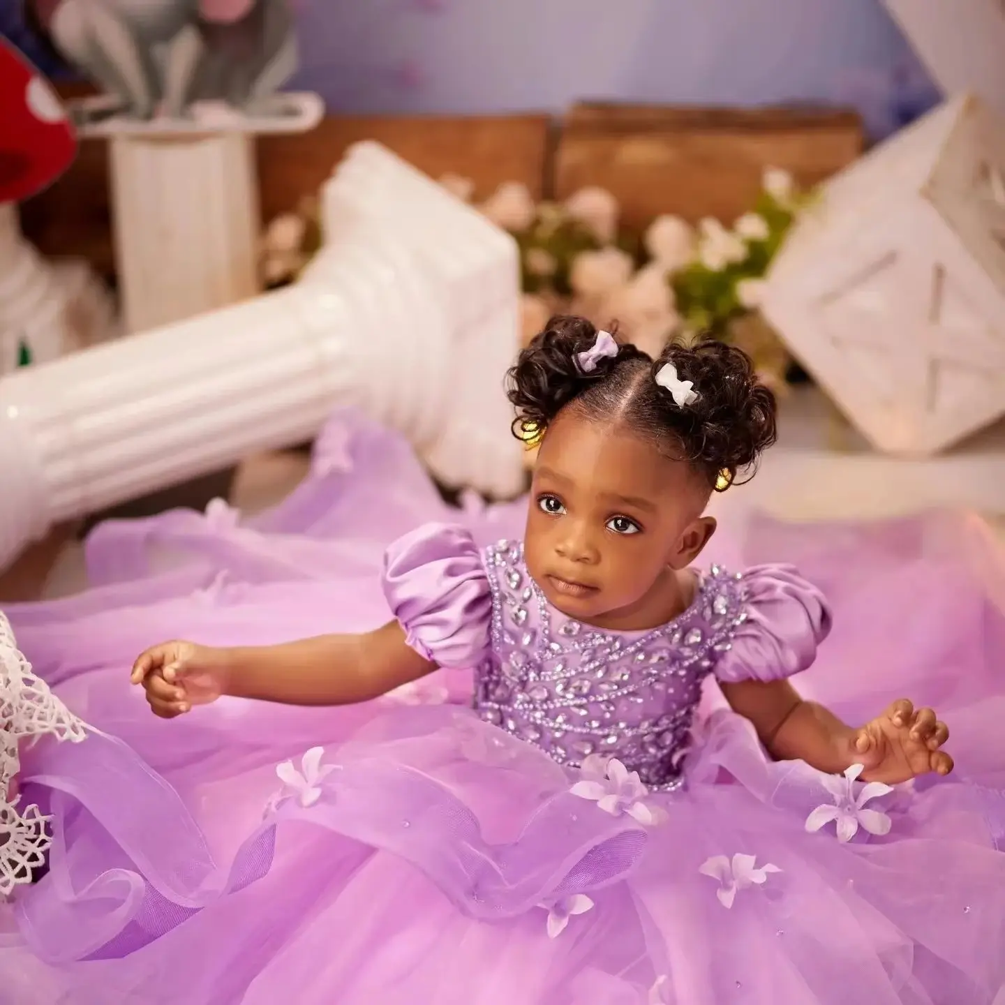 

Customized Light Purple Flower Girl Dresses For Wedding Short SleeveTulle Applique Kids Birthday party Communion Gowns