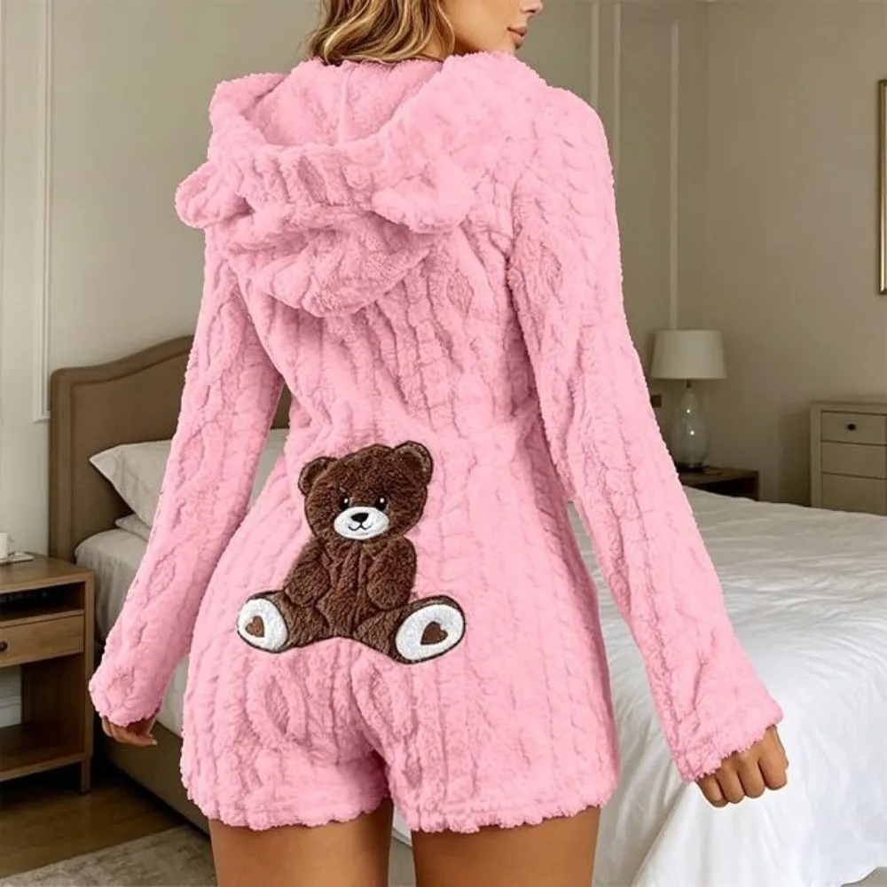 Kawaii Hooded Jumpsuit Romper Nightwear Long Sleeve Warm Loungewear Bodysuit Bear Ear Women's Home Clothing Autumn Winter