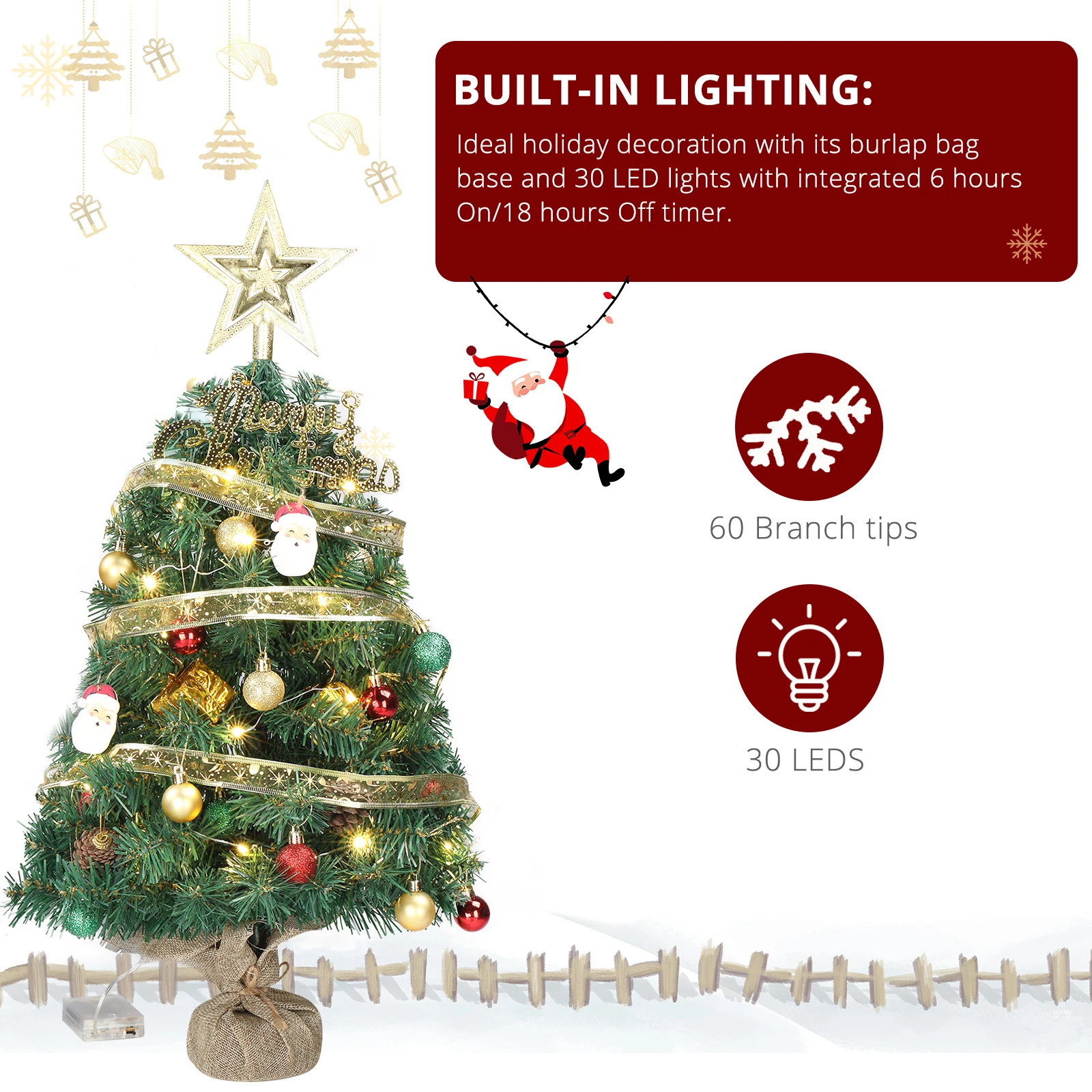 20 in Pre-lit Artificial Mini Christmas Tree, Tabletop Small Xmas Pine Tree with Ornaments and 30 Warm Lights Battery Operated