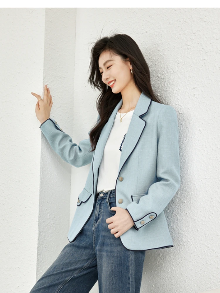 Vimly Blue Notched Collar Blazer for Women 2023 Autumn Office Lady Business Casual Elegant Straight Jackets New in Outerwears