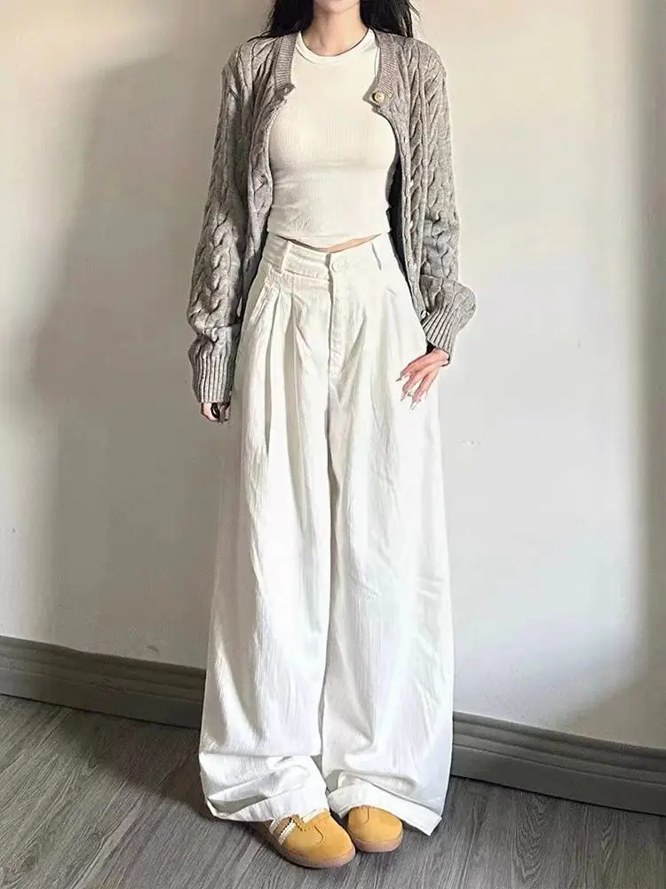 

Белые широкие джинсы с высокой талией, женские осенние новые свободные брюки, повседневные и универсальные прямые брюки-швабры, модные