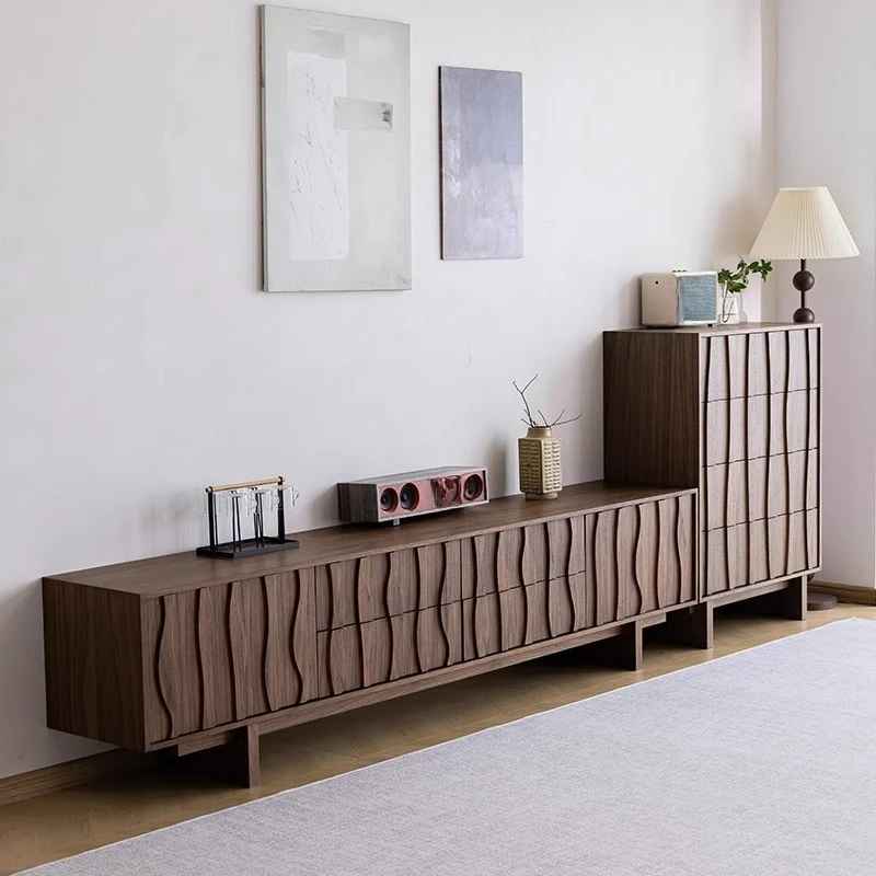 Meuble TV médiéval en noyer noir, meuble tout du sol au plafond en bois massif, meuble latéral moderne et simple pour petit appartement pour vivre