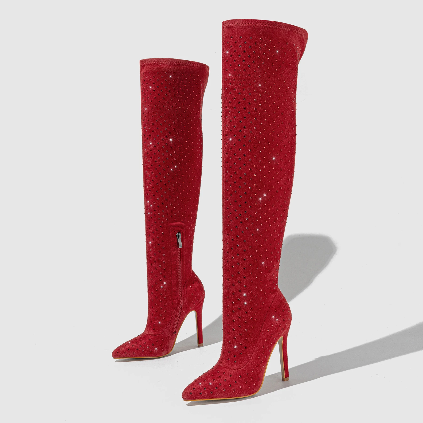 Fashion Rhinestone Knee High Boots Faux Velvet Thin Heeled Women's Boots Sexy Pointy Toe Side Zipper Comfort Shoes