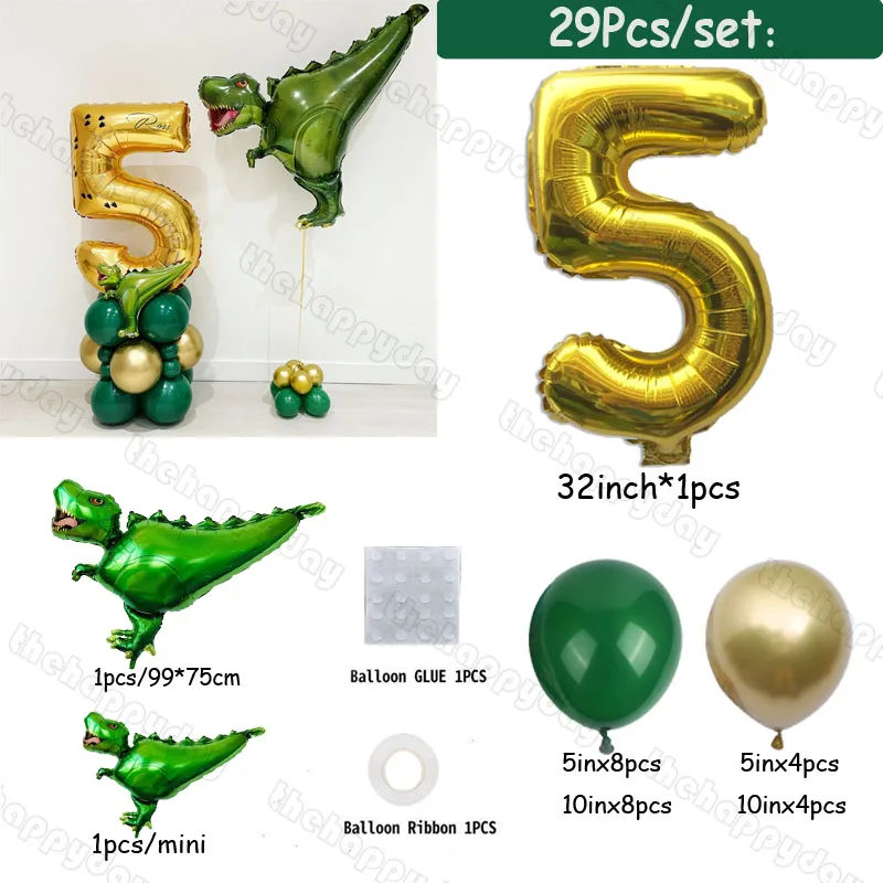 29Pcs Jungle Dinosaur Birthday Balloons Set Dinosaur Balloon Gold Number 1 2 3 4 5 Year Dino Safari Birthday Party Decorations