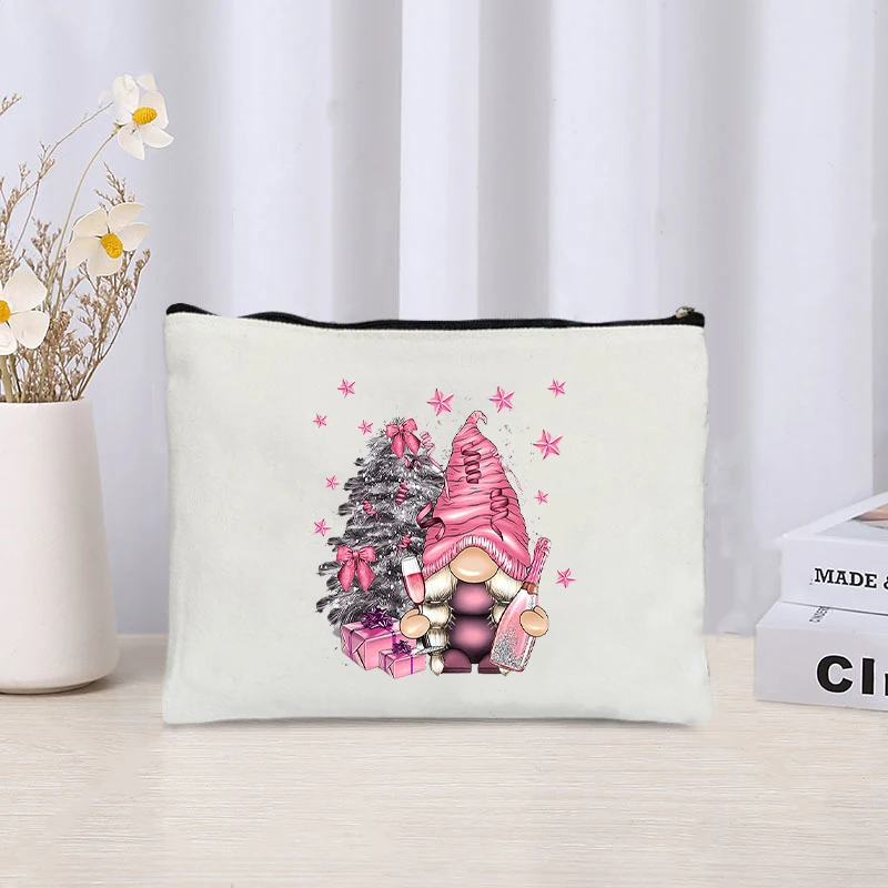 Christmas Themed Canvas Cosmetic Bag Organizer Travel Perfume Lipstick Storage Pouch Zipper Make Up Bags Pencil Case Xmas Gift