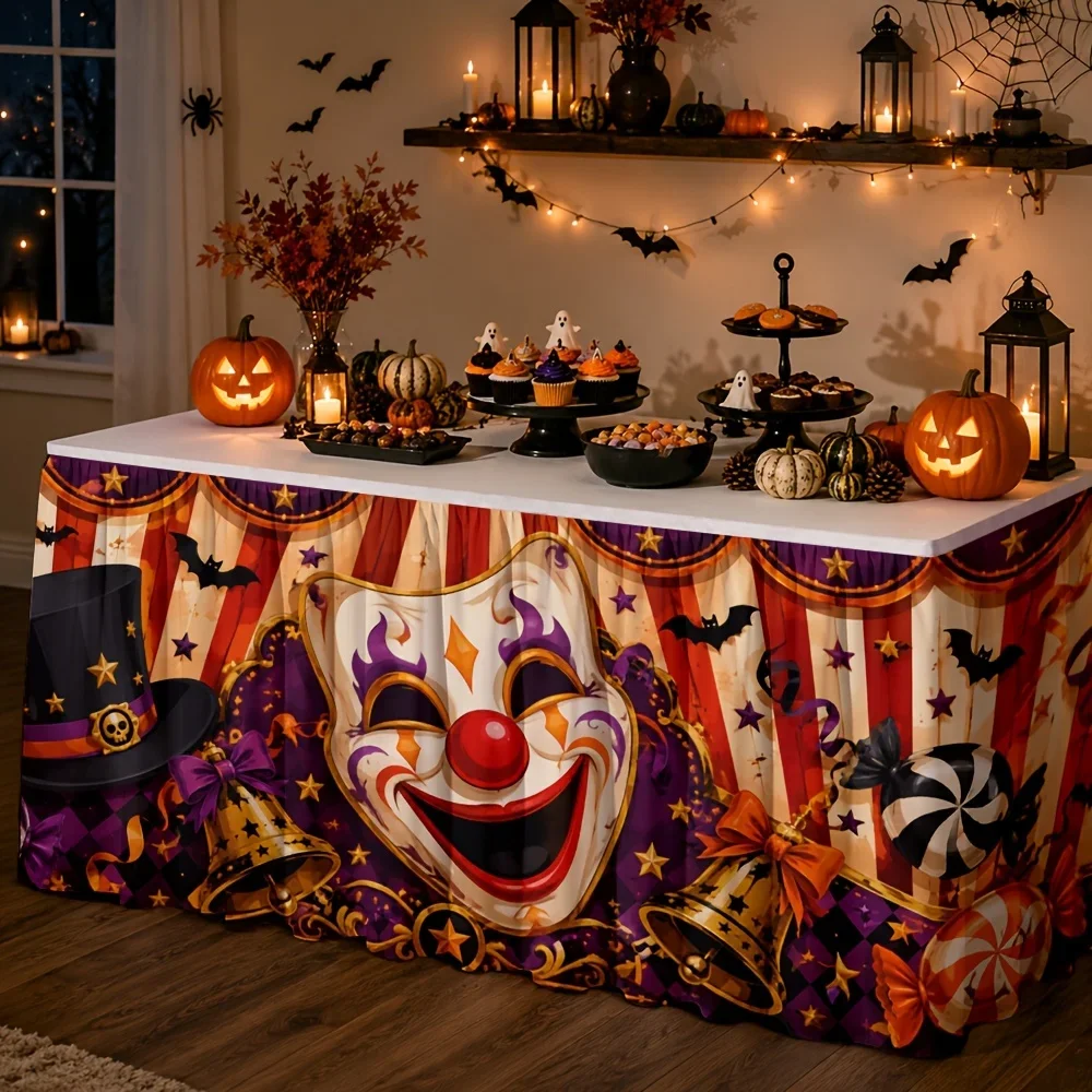 One table skirt - Polyester horror circus print table skirt - Clown mask hat - Candy bells - Bat