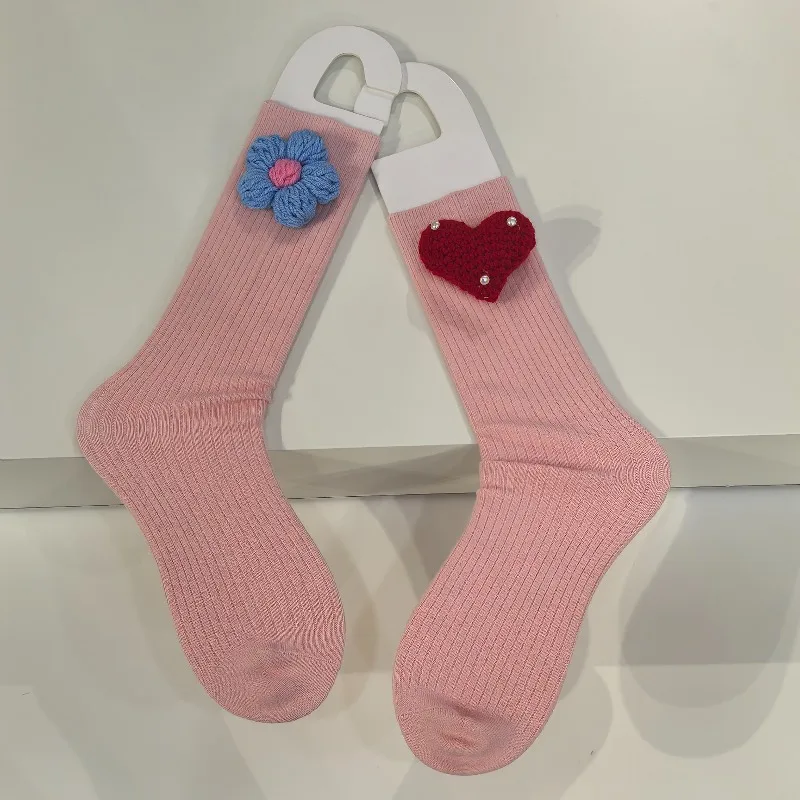 

Теплые толстые носки до середины икры для женщин и девочек, повседневные стильные дизайнерские осенне-зимние милые носки с цветочным сердечком, женская мода