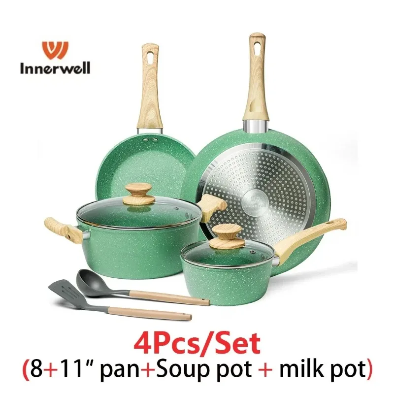 

Innerwell Kitchen 8/11inch Frying Pan Stock Pot Milk Pot Cookware Sets Nonstick Nontoxic Breakfast Gourmet Stir Fry Cooking Pots