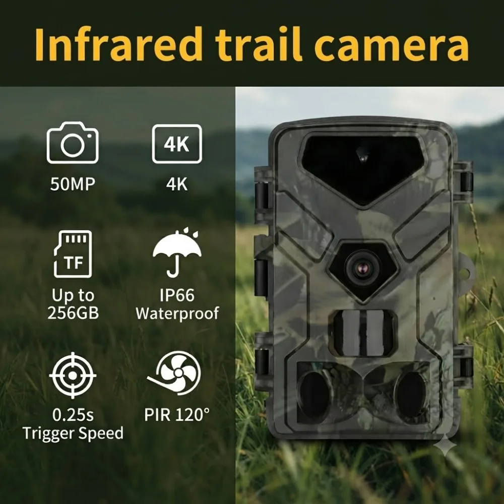 Wildlife Trail Camera 50MP 4K Video Photo Trap Infrared Hunting Cameras Night Vision 2.0''LCD 120°Wide for Outdoor Scouting