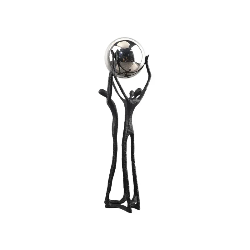 Artistic Black Cast Iron Statue Featuring Silver Sphere Desk Metal Craft Home Decor
