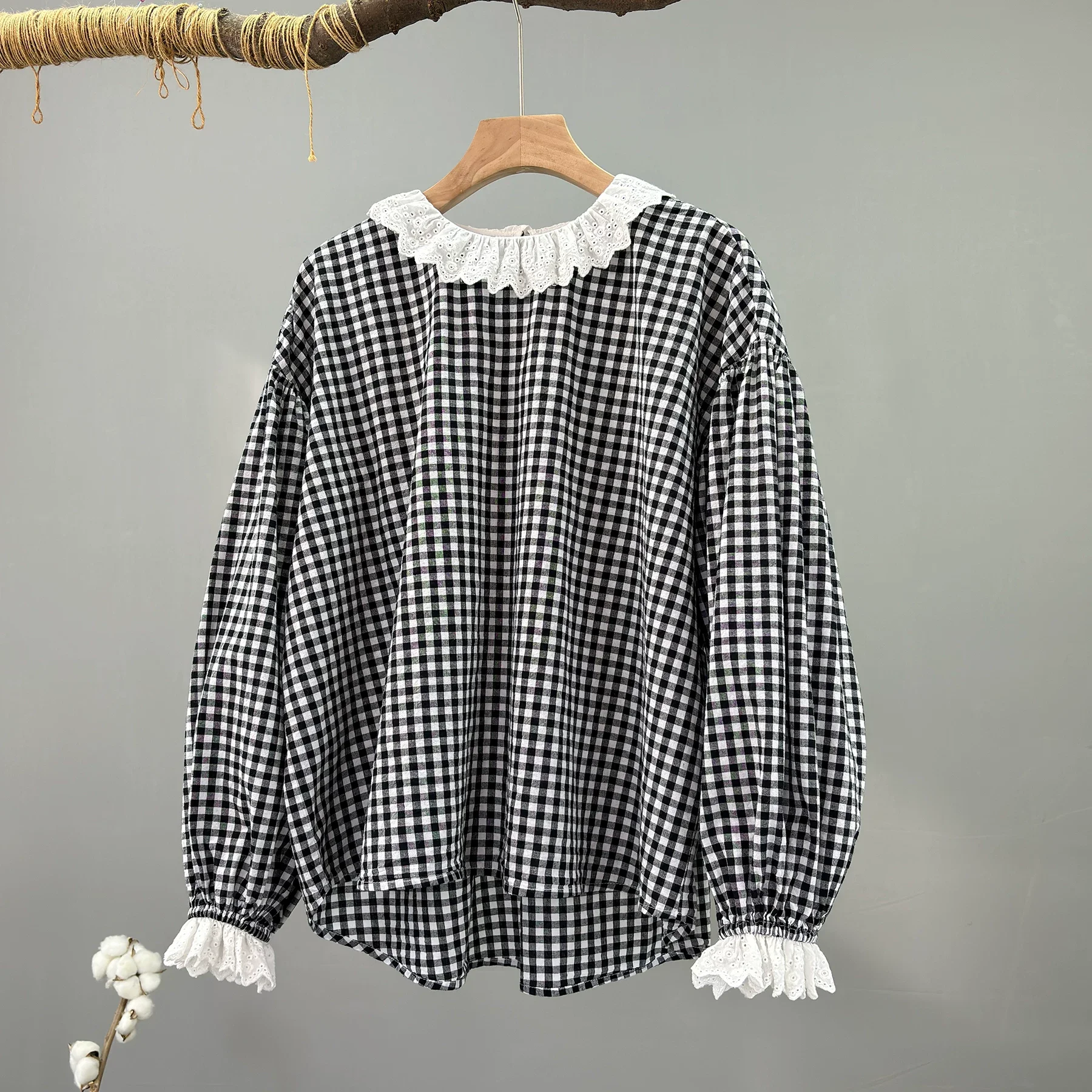 

Бюст 124 см мори девушка весна японский стиль хлопковые черно-белые клетчатые рубашки и блузки для женщин милые рубашки в клетку с кружевным воротником