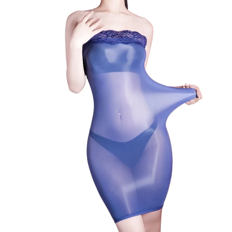 Sexy Sheer Oil Shiny Strapless Mini Dress Elastic Glossy See Through Bodycon Pencil Dresses Lace Trim Tube Dress Night Clubwear