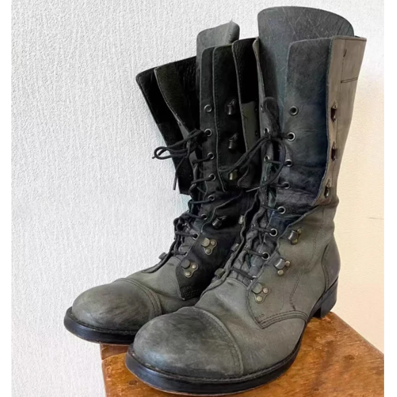 Men's Retro Distressed Thick Heel Double-Cuff Boots 2026 Stitching Lace-Up Round Toe Side-Zip Work Boots Fashion Shoes for Men