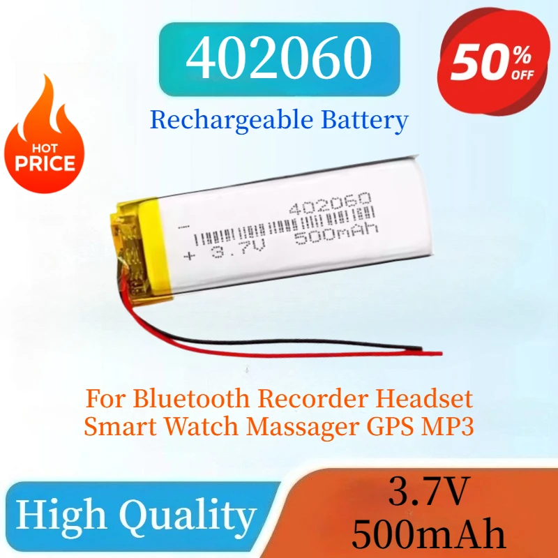 

Brand New 402060 3.7V 500mAh Rechargeable Lithium Polymer Battery for Bluetooth Recorder Headset Smart Watch Massager GPS MP3