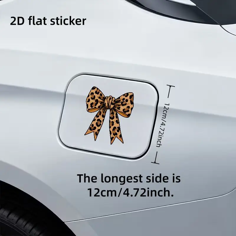 2D Flat 1Pc Leopard Bow Car Fuel Tank Cap Sticker, Animal Plush Pattern Vinyl Decal with Gold Trim Tail Cut for Auto DIY Decor