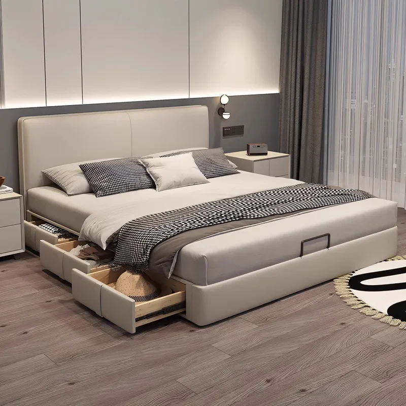 for Little Black Cow Italian Leather Bed Modern Simple 1.8m 1.5m Double Bed Master Bedroom High End Atmospheric Leather Art
