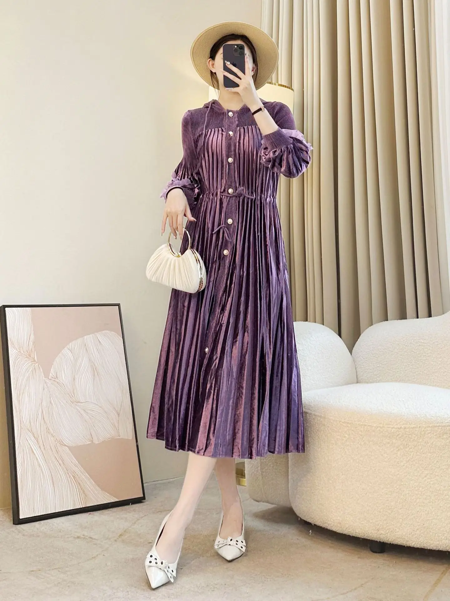 Robe longue plissée élégante pour femmes, Texture velours, robe Maxi boutonnée à manches longues, mode automne hiver