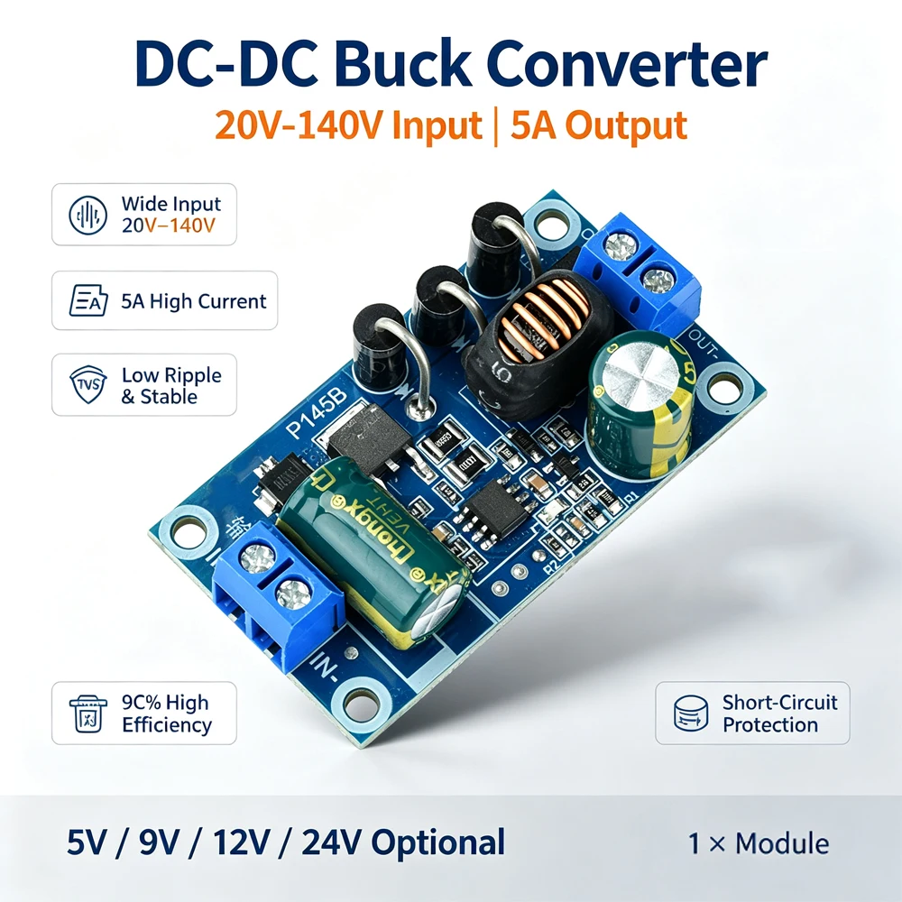 DC-DC Step-Down Module 20-140V to 5V 9V 12V 24V 5A High Efficiency Low Ripple Power Converter for Solar EV Industrial