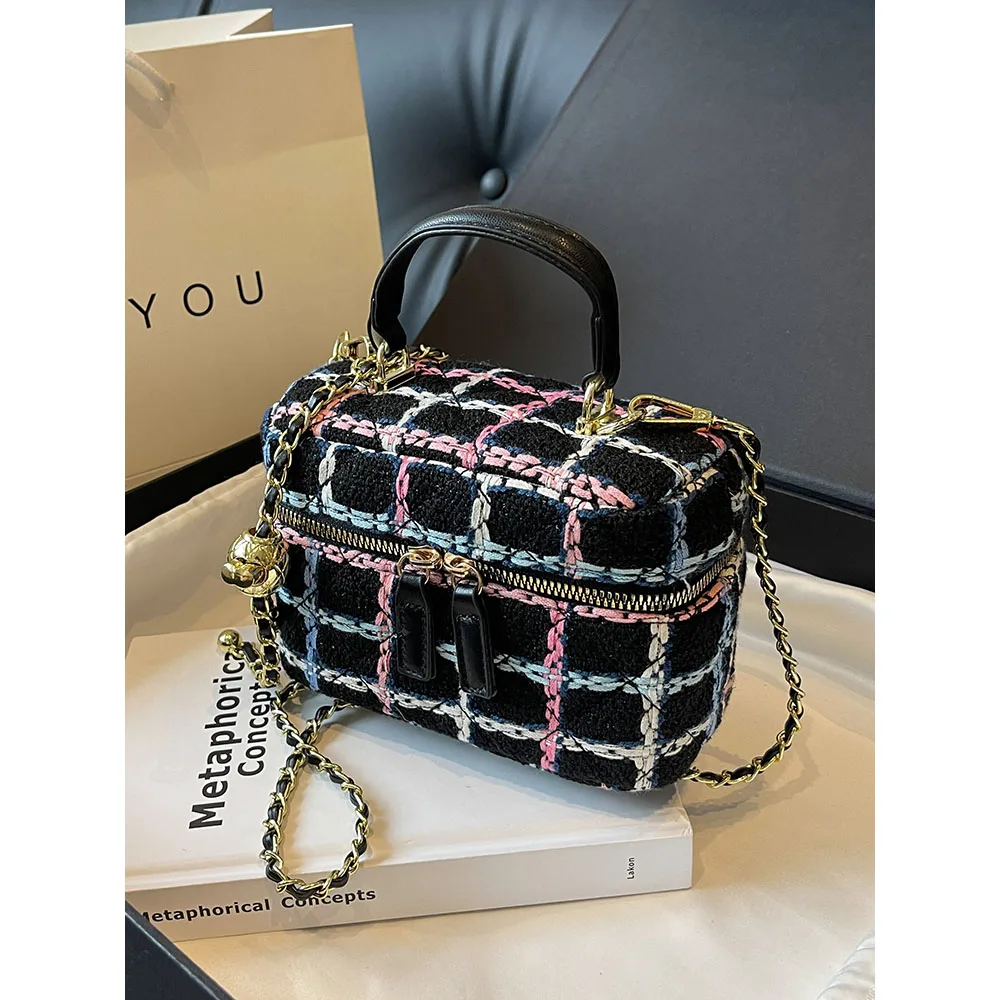 Fashion Plaid Print Tweed Crossbody Bag for Women Casual Versatile Female Shopping Chain Shoulder Pack Large Capacity Handle Bag