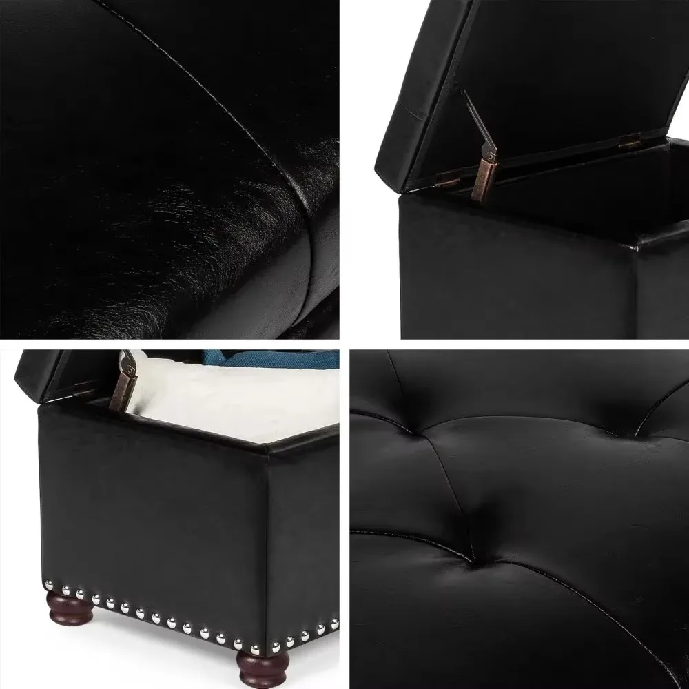 24'' Leather Storage Footstool, Rectangular Footrest, Stud Head, Trim, Toy Box and Storage Organizer Bedroom